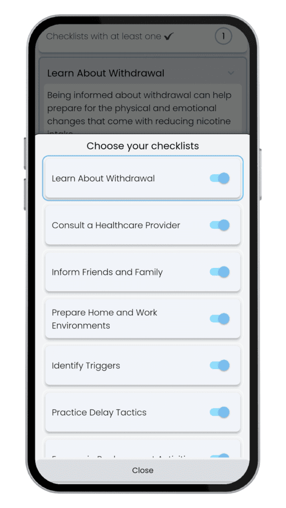 quit smoking app checklist feature