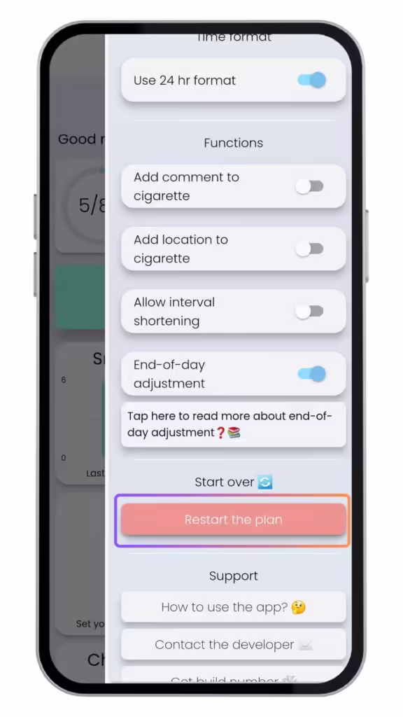 person using the restart feature in a quit smoking app CraveLess.Me