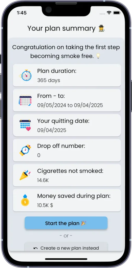 CraveLess.ME quit smoking app setup screen asking for first and last smoke times