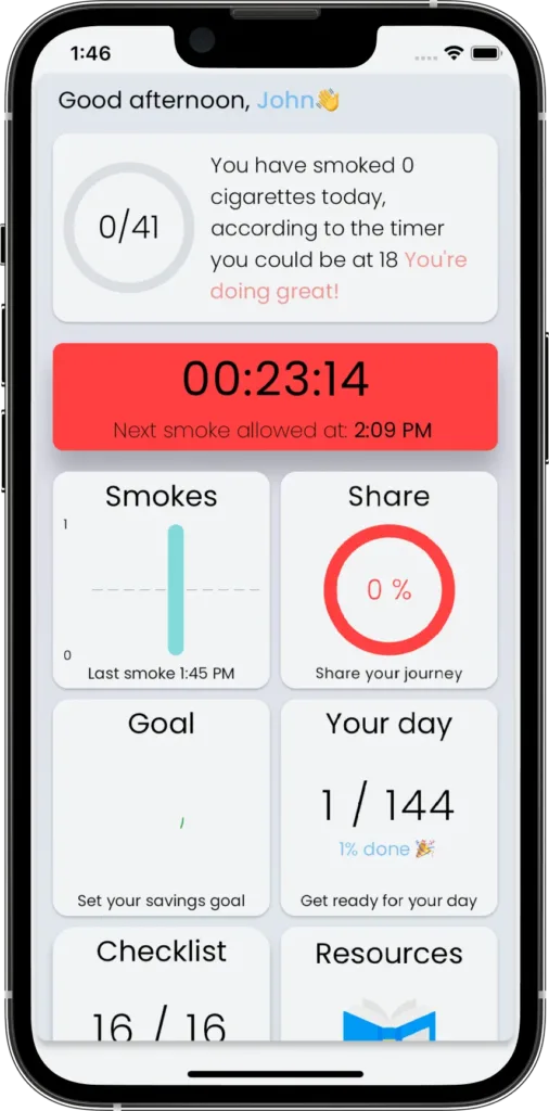 CraveLess.ME Quit Smoking App app dashboard showing daily cigarette tracking and personalized quit plan progress