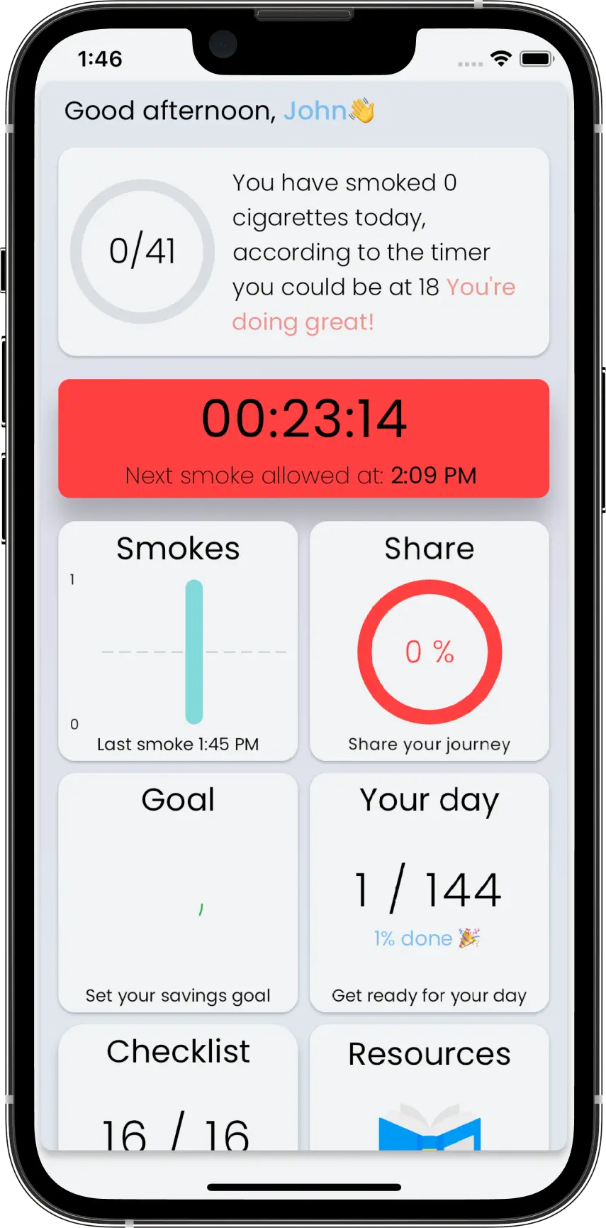 CraveLess.ME Quit Smoking App app dashboard showing daily cigarette tracking and personalized quit plan progress