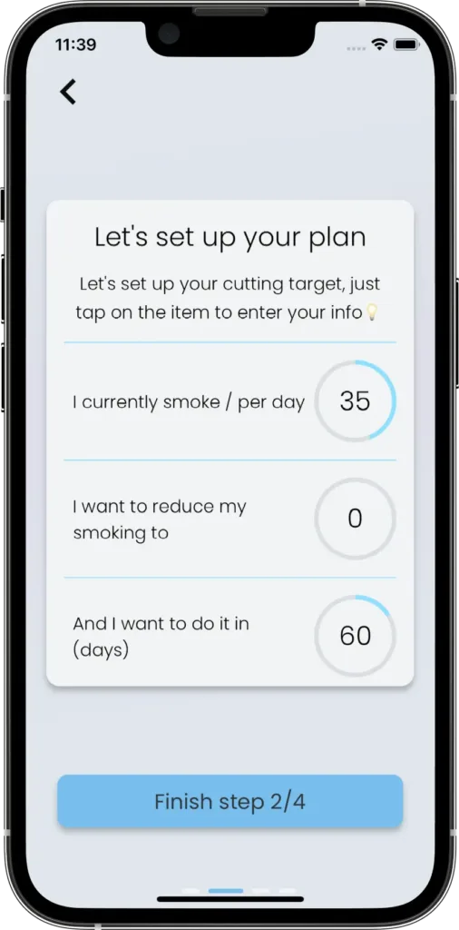 CraveLess.ME Quit Smoking App setup screen asking users to set a smoking reduction plan