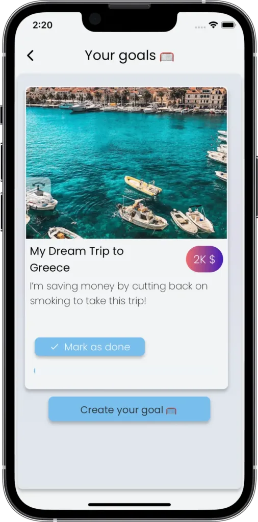 CraveLess.ME Quit Smoking App screen showing a savings goal for a dream trip to Greece