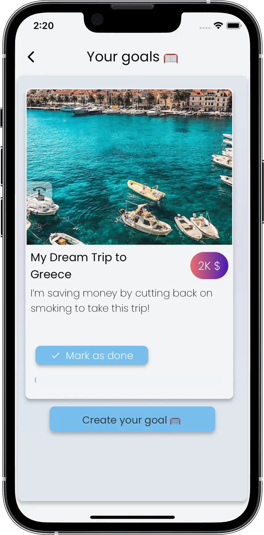 CraveLess.ME Quit Smoking App screen showing a savings goal for a dream trip to Greece